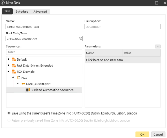The New Task window displays with the BI Blend Automation Sequence selected in Sequences